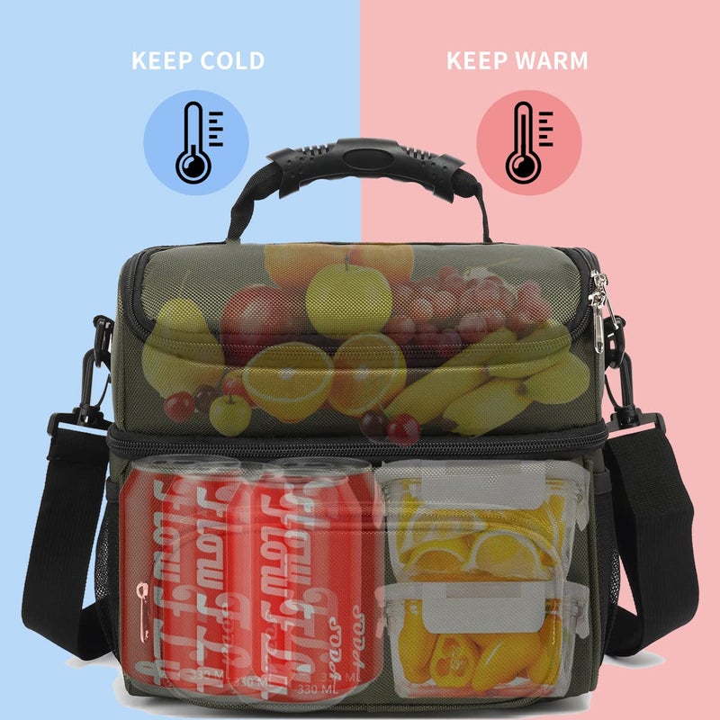 FlowFly Double Layer Cooler Insulated Lunch Bag Adult Lunch Box Large Tote Bag for Men, Women, With Adjustable Strap,Front Pocket and Dual Large Mesh Side Pockets,Army Green - Image 2